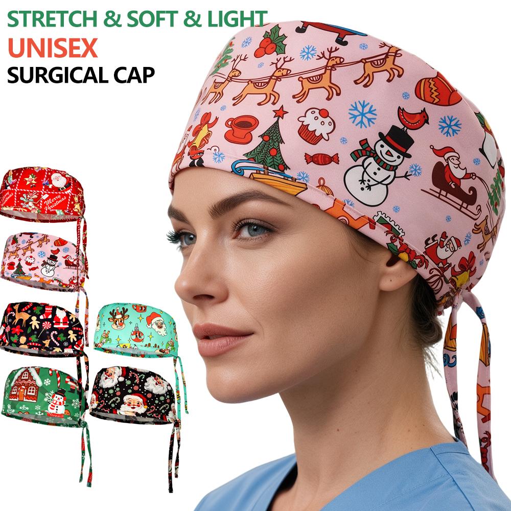 Christmas Scrub Cap Fast Dry Micro Elastic Surgical Hat Santa Claus Snowman Reindeer Printed Nurse Doctor Working Cap Gift for Medics