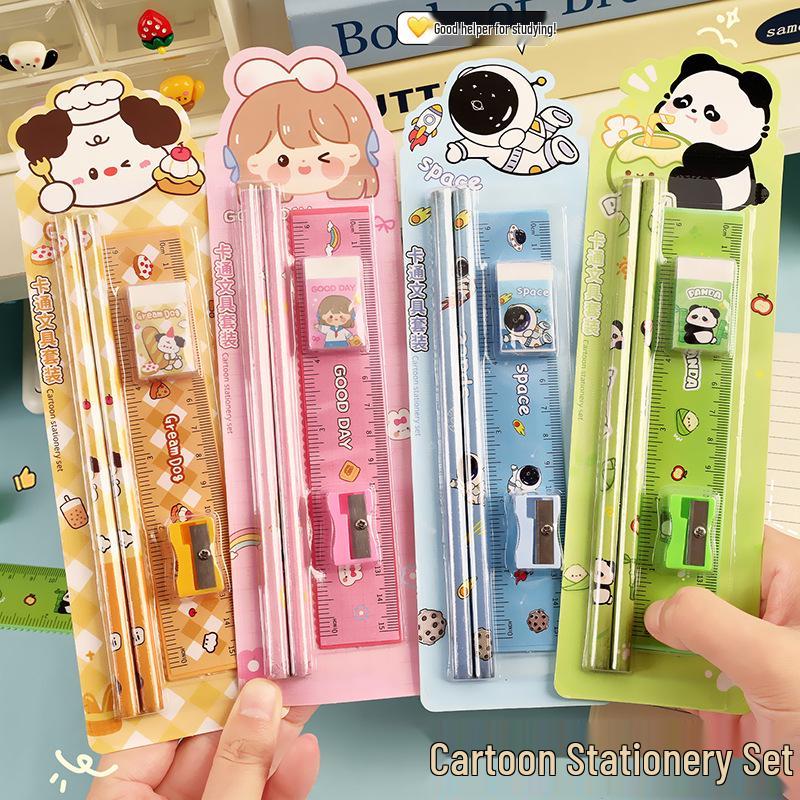 Cartoon Pencil Set with Ruler, Eraser, and Sharpener for Primary Students