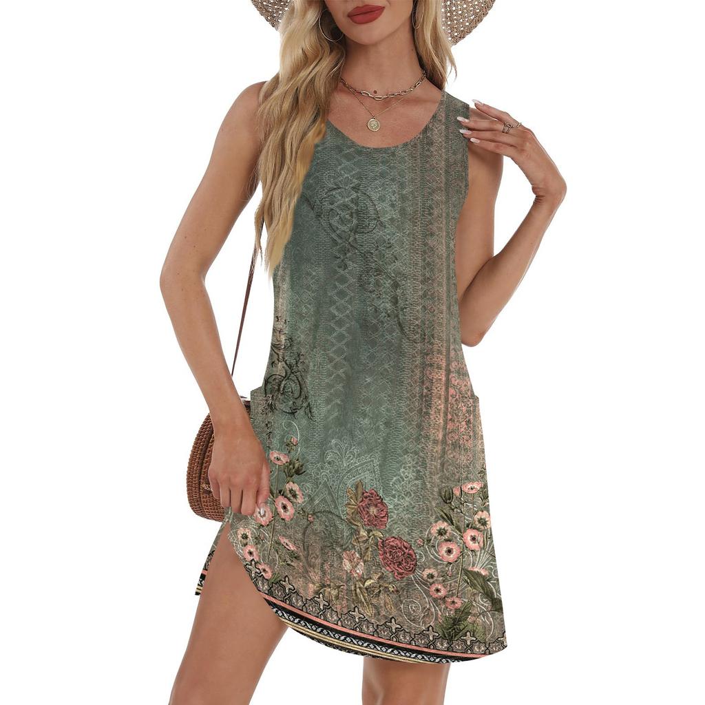 Женский повседневный сарафан с карманами, летнее пляжное платье в стиле бохо, футболки, платье с V-образным вырезом, свободные платья-майки