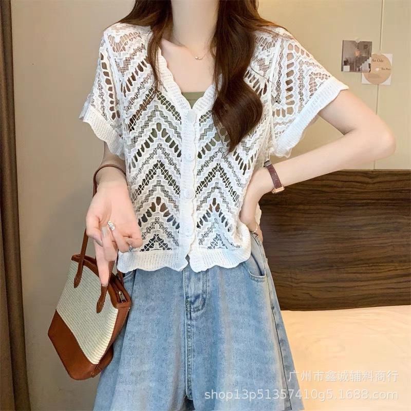 Женский вязаный кардиган с длинным рукавом, V-образный вырез, свежий, сладкий, с ажурной вязкой, свободный крой, вязаный топ, свитер