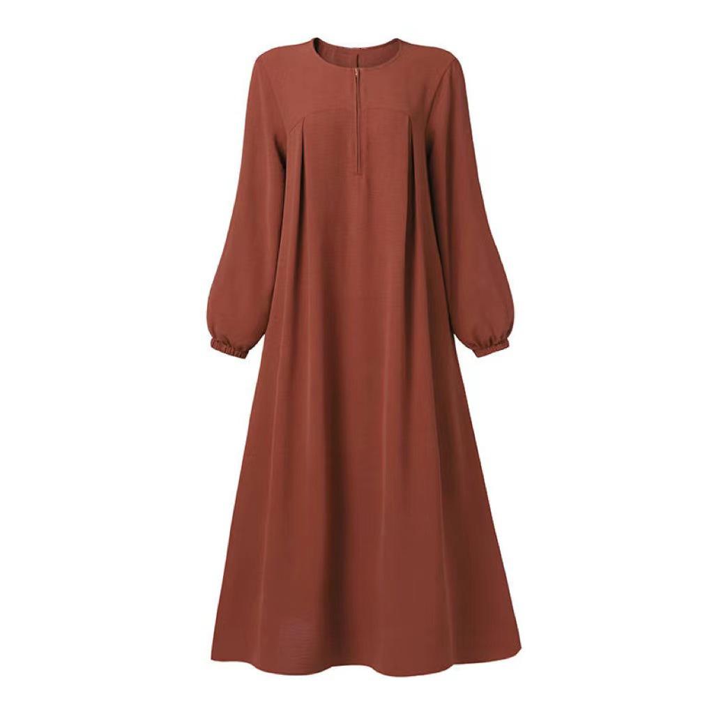 2024 Middle East Muslim Women's Puff Sleeve Dress with Zipper Placket and Elastic Cuffs