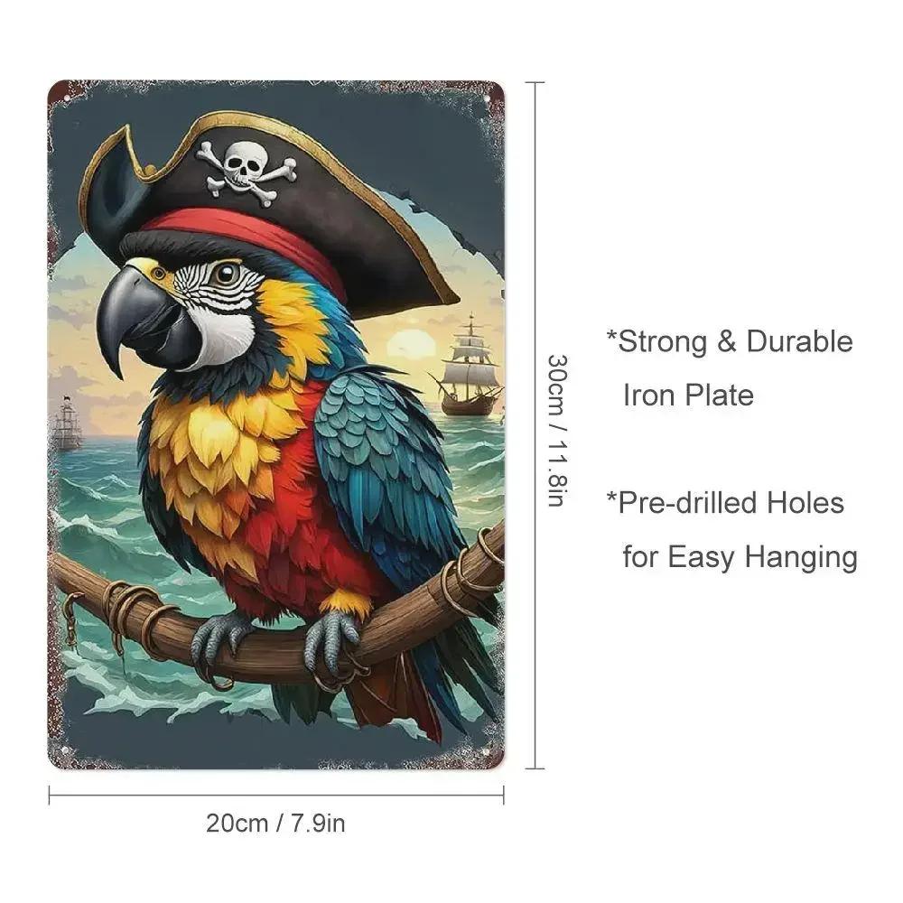 Vintage Pirate Parrot Metal Wall Sign Colorful Retro Decor with Parrot Ocean Scenes