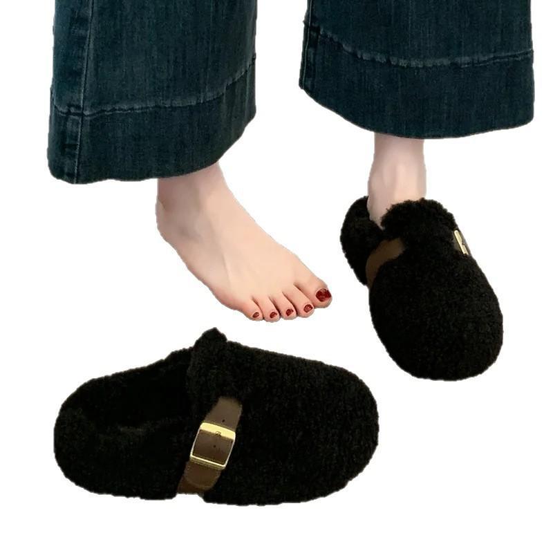 Thick-soled Birkenstocks, bag head, half-towed cotton slippers, women's wear autumn and winter new snow boots, plush cotton shoes