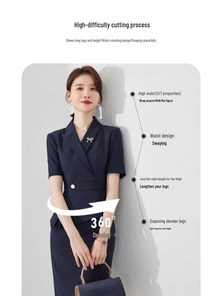 Темно-синее приталенное рабочее платье с коротким рукавом для женщин