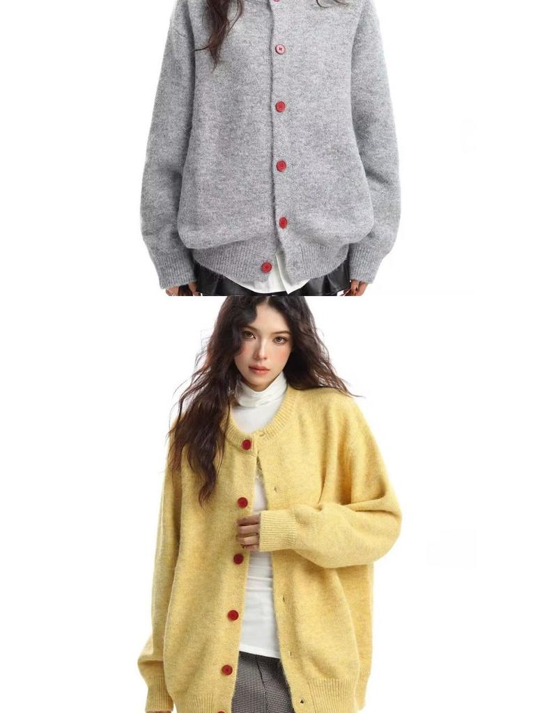 Женский мягкий вязаный кардиган Осень 2025 – Однотонный, с круглым вырезом, на деревянных пуговицах, свободного кроя, универсальный, пушистый кардиган-свитер