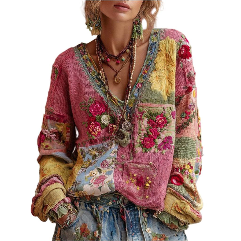 Women's Fashion Long-Sleeve V-Neck Vintage  Patchwork Floral Print Casual Top