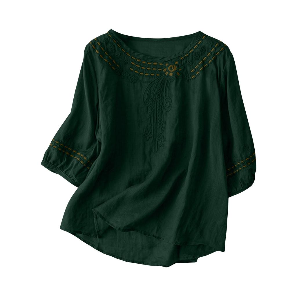 Women's Solid Color Cotton And Linen Short-sleeved Embroidered Retro Breathable T-shirt Round Neck Top