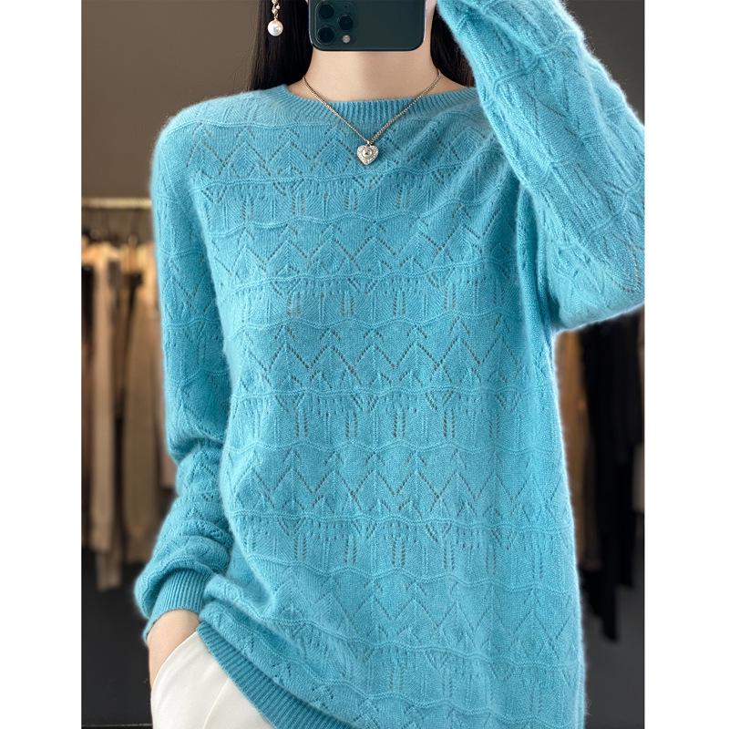Women's Hollowed-Out Wool Round Neck Sweater - New Style, Loose Fit, Versatile Pullover for Spring and Autumn