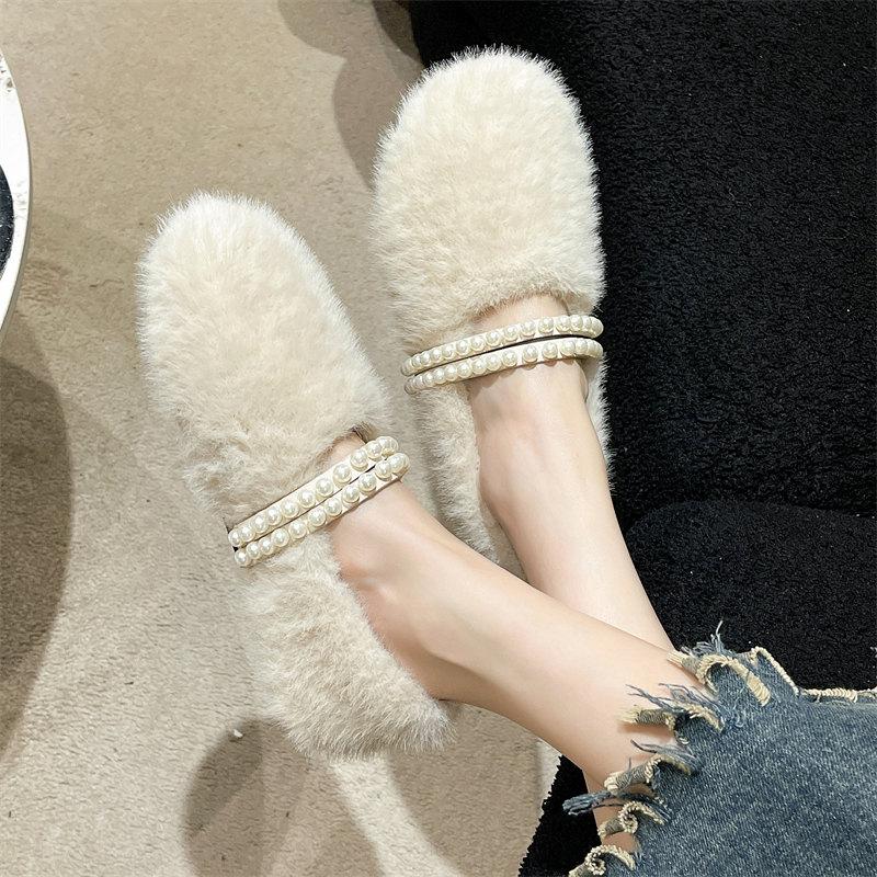 Fashion Luxury Pearl Design Mary Jane Shoes Winter Women Plush Furry Warm Shoes Ladies Fashion Shallow Comfortable Cotton Loafers Flats