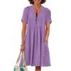 Summer Casual Women Linen Cotton Dress V Neck Short Sleeve Sundress with Pockets A Line Swing Beach Vacation Dress