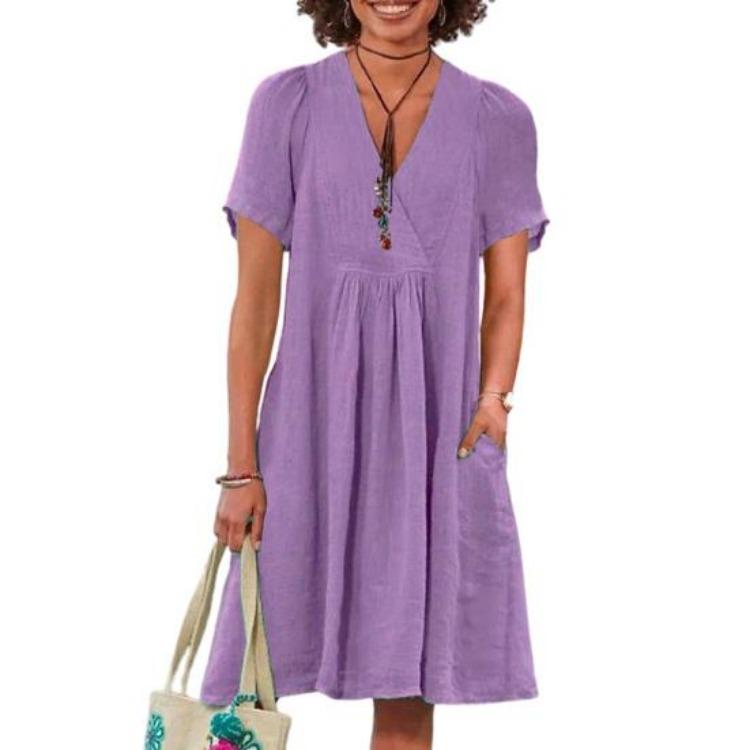 Summer Casual Women Linen Cotton Dress V Neck Short Sleeve Sundress with Pockets A Line Swing Beach Vacation Dress