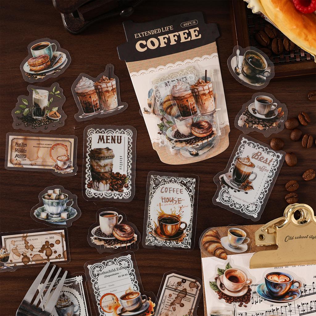 40pcs/pack lace coffee series creative retro aesthetic PET stickers DIY diary handmade scrapbook decorative stickers