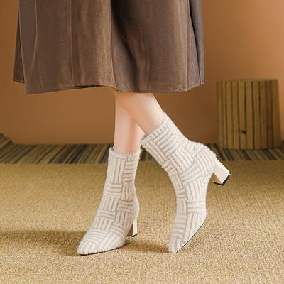 Женские зимние теплые ботильоны-носки с острым носком на низком толстом блочном каблуке, эластичные ботинки без застежек, женские удобные вязаные ботинки «Челси»