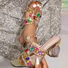 Liyke Странный стиль Кристалл Резные каблуки Женские праздничные тапочки Модные блестящие бриллиантовые сандалии на ремне Женские мюли Шлепанцы Обувь