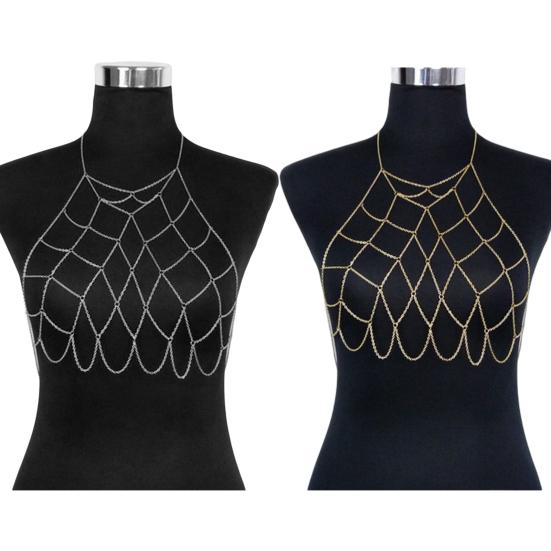 Body Chain Geometric Sexy Hollow Out Crossover Electroplating Dress Up Vacation Gift Women Mesh Bikini Bra Chain Harness Necklace Jewelry Beach Wear