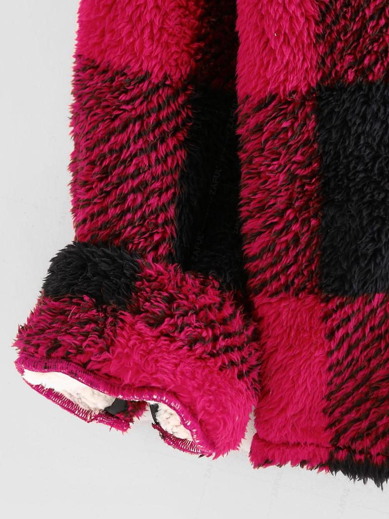 ZAFUL Men's Checkerboard Plaid Pattern Winter Warmth Fluffy Faux Fur Hooded Jacket