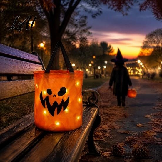 Glowing LED Trick or Treat Pail Pumpkin Candy Bag with Lights Reusable Halloween Costume Prop for Kids Tote Kids Handbag Party Favors Container