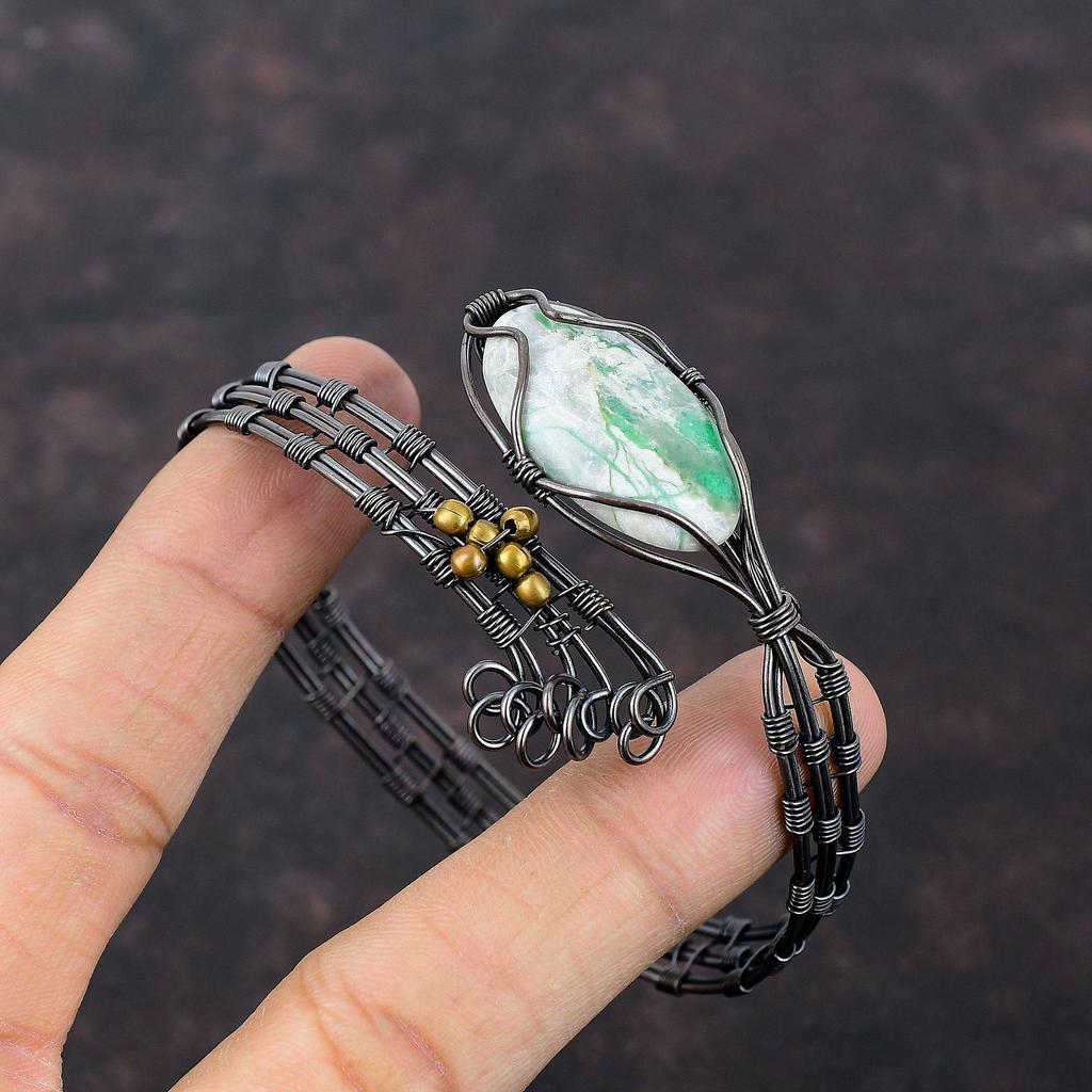 Варисцитовый браслет-манжета, обмотанный медной проволокой, ручной работы, браслет-манжета с драгоценным камнем, медные украшения, регулируемый браслет для подарка, украшения из проволоки