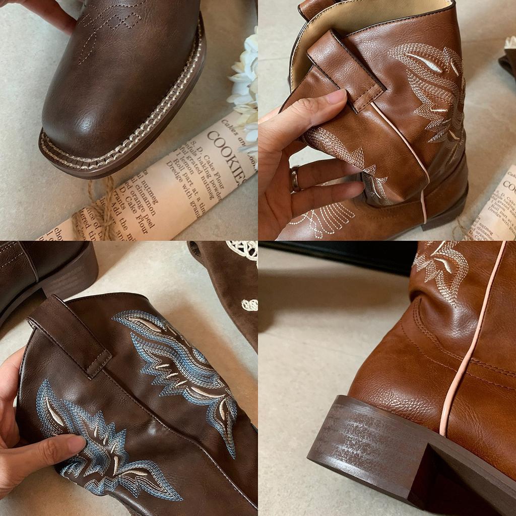Коровья кожа~ виноградный ма такой же ретро вышитые западные ковбойские сапоги женские квадратный носок V-образный вырез сапоги толстый каблук средняя голень рыцарские сапоги
