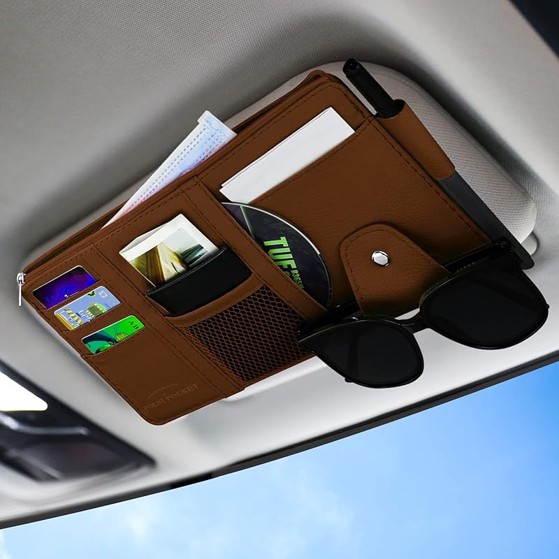 Car Sun Visor Organizer, Leather Pocket Organizer Sunglass Holder For Car Interior Accessories With Multi-Pocket Net Zipper (Beige)