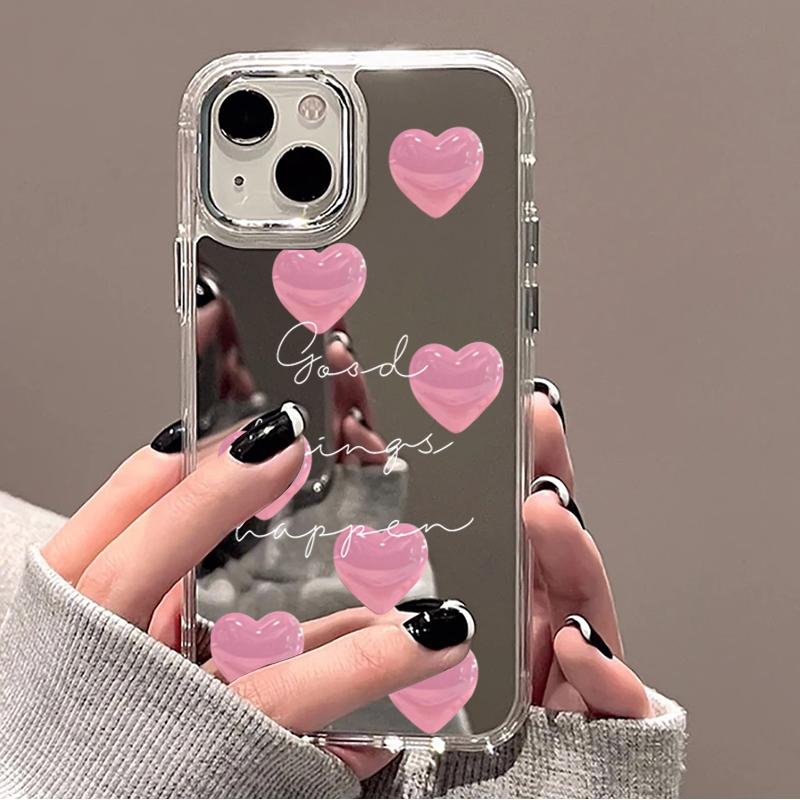 Розовый чехол-зеркало с узором в виде сердечек для iPhone 17 16 Plus 15 14 11 12 13 Pro Max 17E 16E Ударопрочный мягкий защитный задний чехол