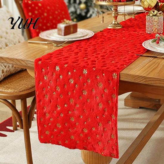 Festive Table Centerpiece Decor Christmas Plush Runner, Foil Stamped Golden Tree Snowflake Protective Furniture Fabric Fuzzy Holiday Dining Cover for
