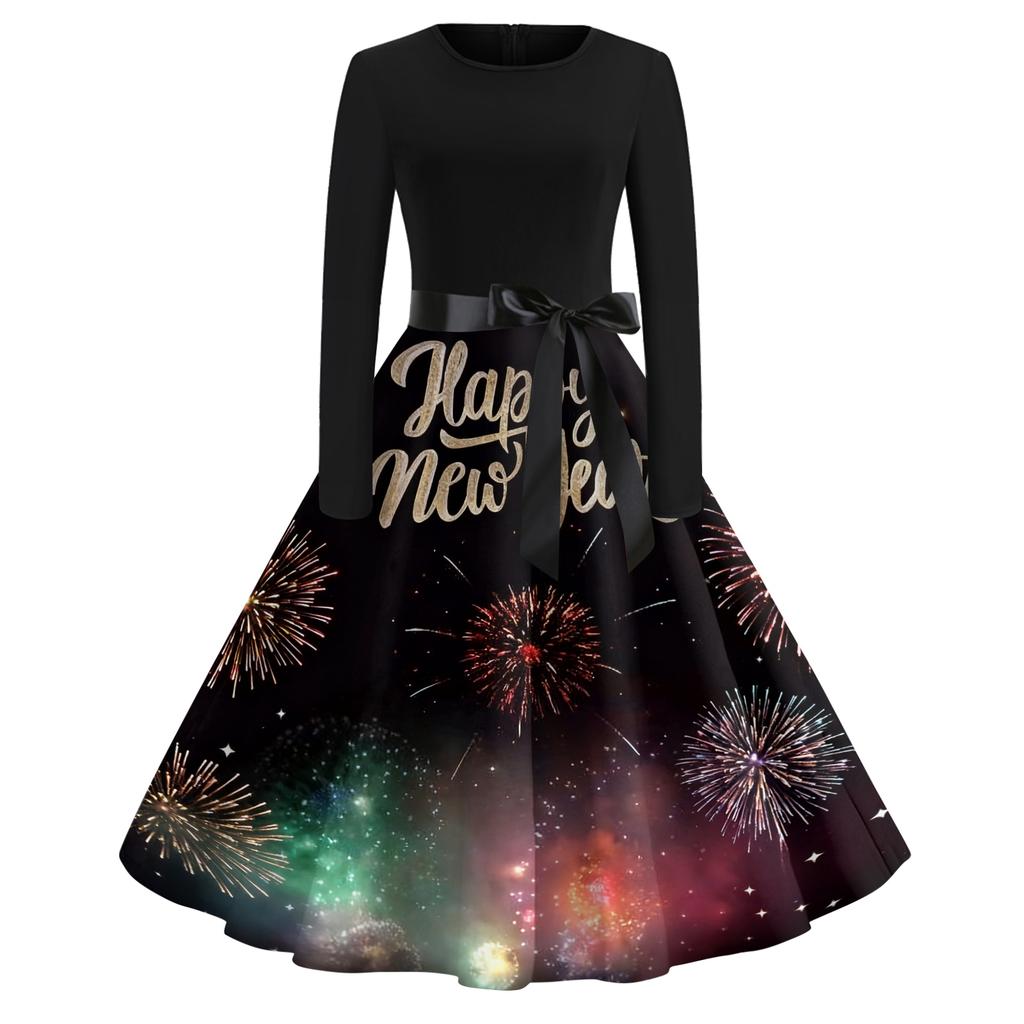 Женское повседневное модное платье с круглым вырезом и длинным рукавом с новогодним принтом в ретро-стиле