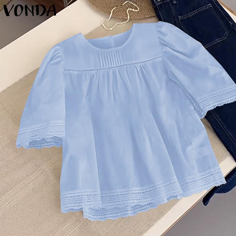 VONDA Women Summer Round Neck Lace Short Sleeve Blouses