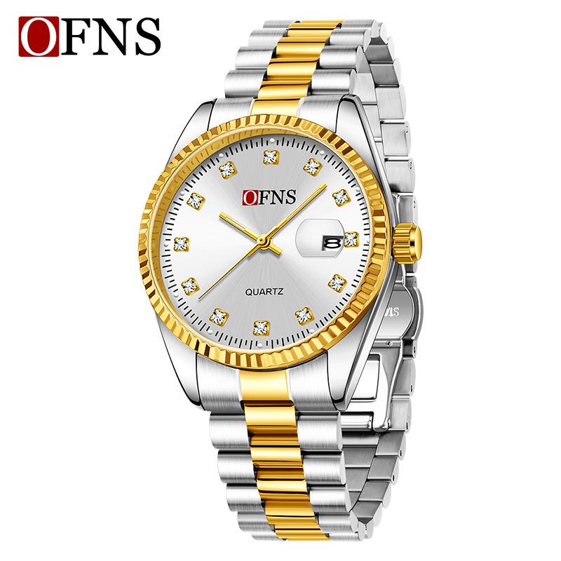 Ofns 1592 Classic Business And Leisure Couple Quartz Watch Night Light Calendar 3atm Waterproof Diamond Set Simple Steel Belt