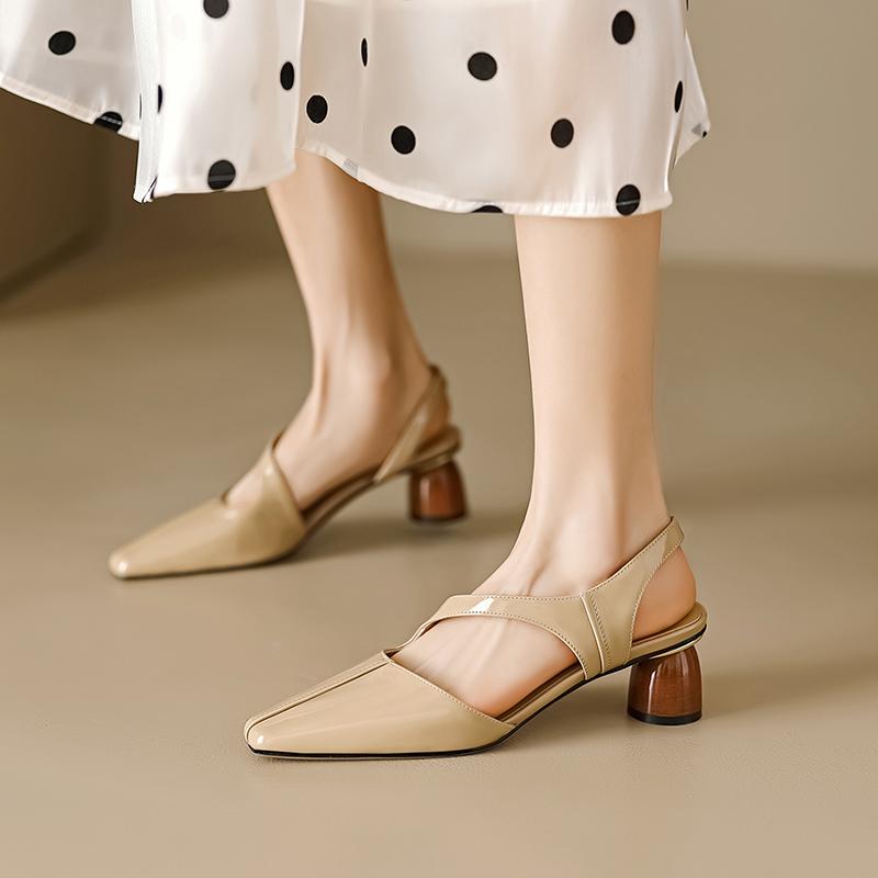 New Summer Women Sandals Patent Leather Shoes for Women Square Toe Chunky Heel Shoes Elegant Cover Toe Slingback Hollow Sandals