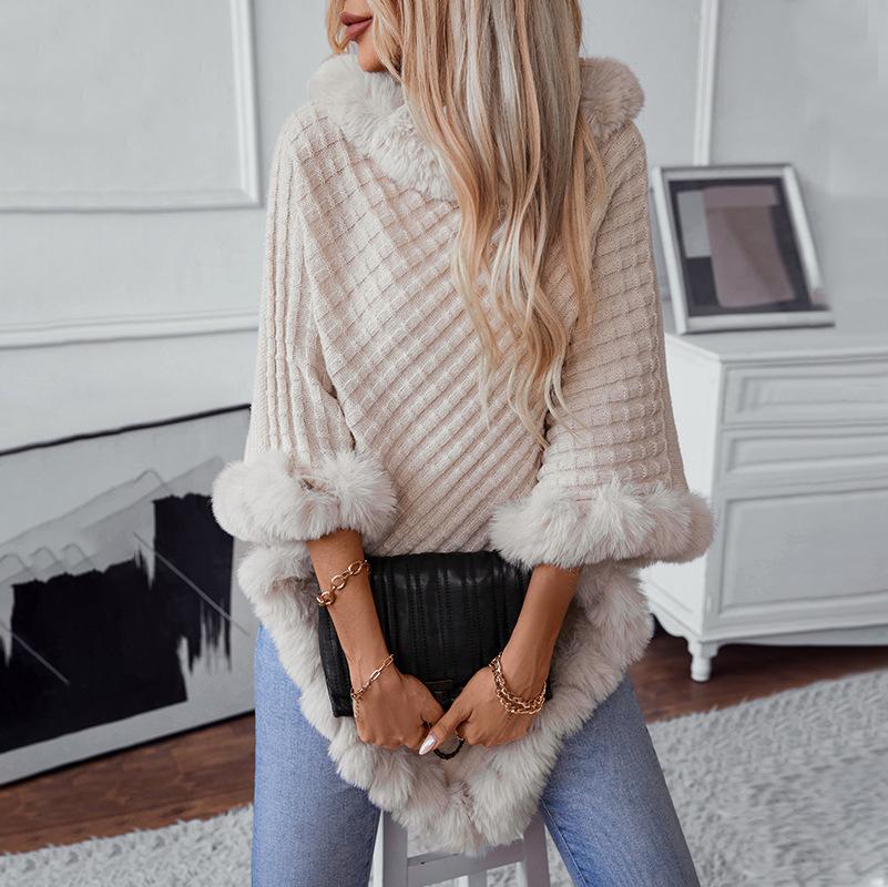 Casual Poncho for Women Solid Color Shawl Wrap Cape with Faux Fur Trim Winter Sleeveless Cloak Coat Womens Warm Pullover Luxury Knitted Sweater Poncho