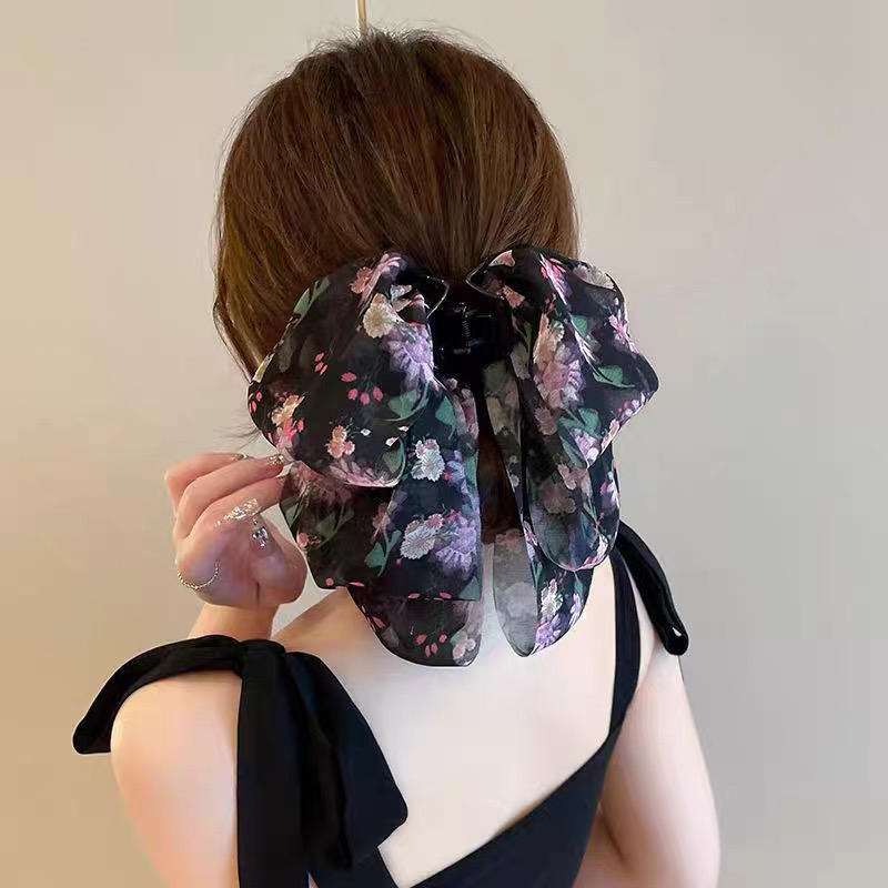 Elegant Women Large Bow Hair Claw Chiffon Big Bowknot Stain Bow Barrettes Hairpin Women Color Ponytail Clip Hair Accessories