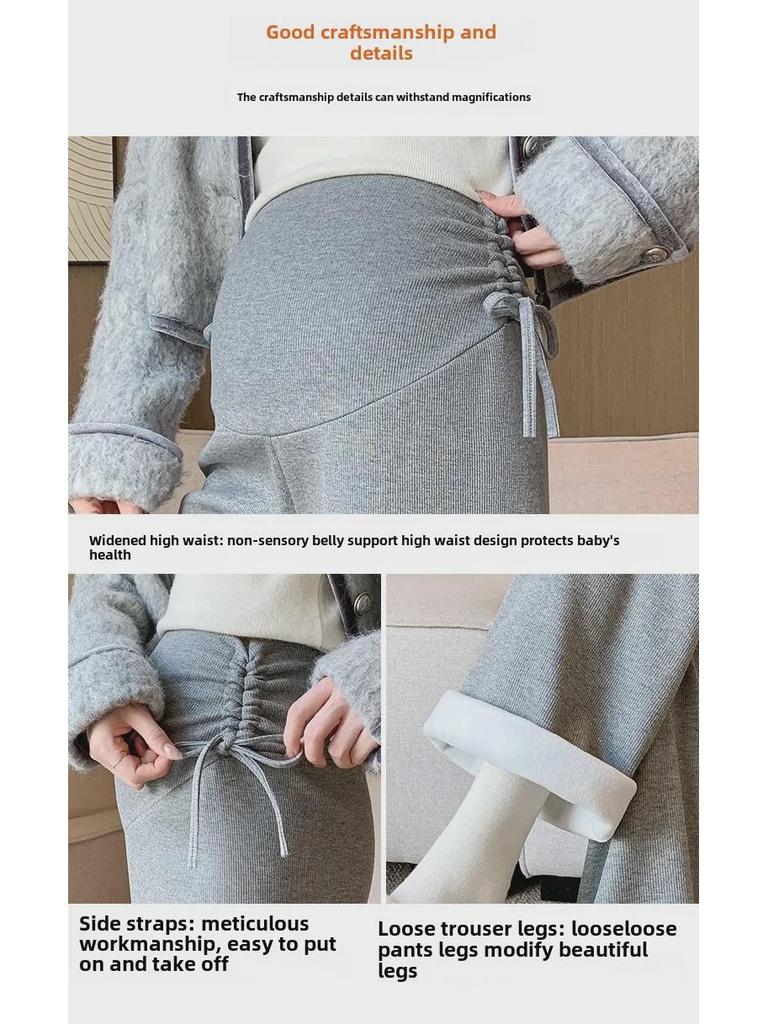 Широкие брюки для беременных 2024 года: Осенне-зимний бархат, завязка на шнурок, прямой крой.