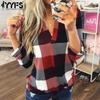 Women's Fashion Casual Spring Fall Plaid Print Long Sleeve V-Neck Blouses & Shirts