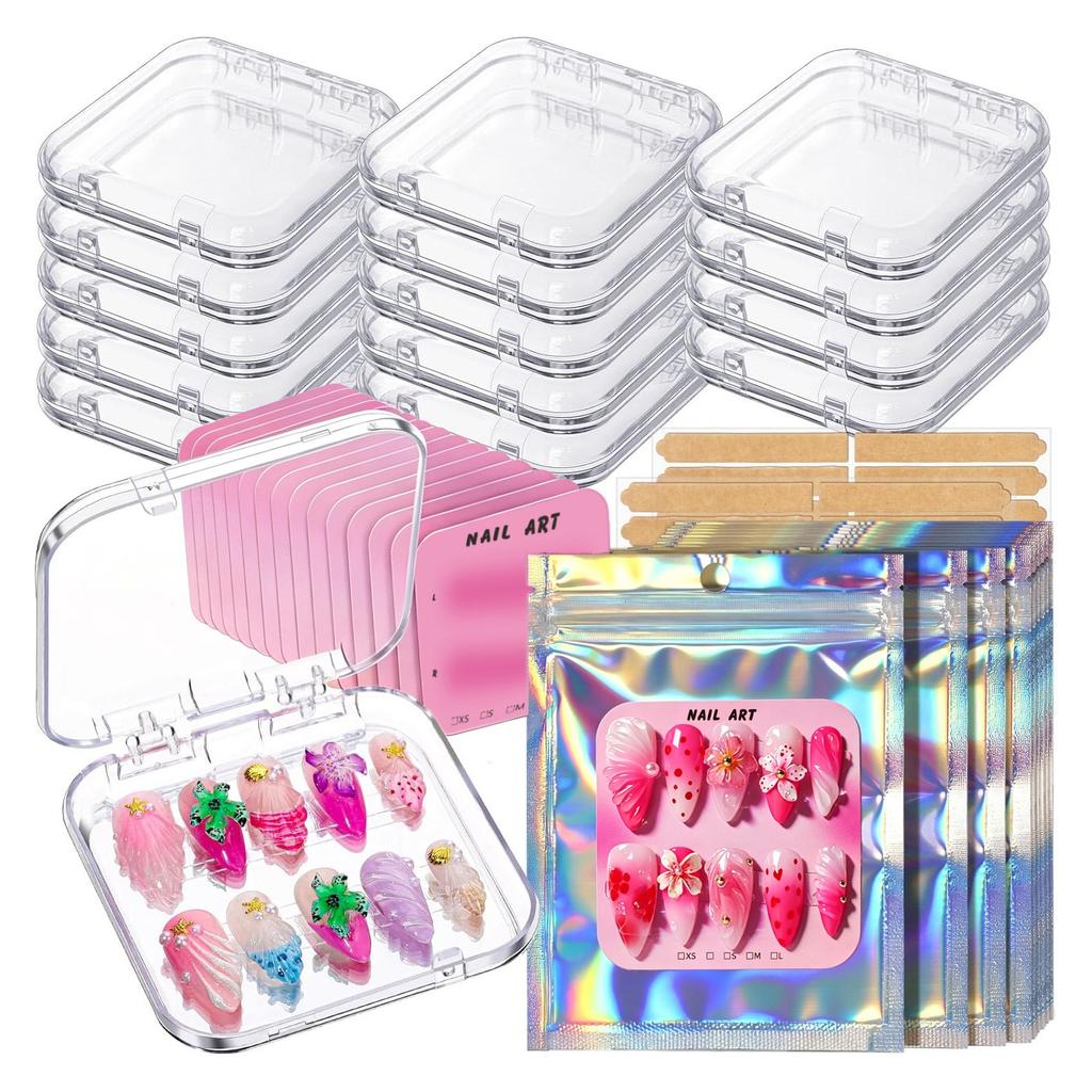 15 Sets Press On Nail Storage Boxes Dust Proof Thick Clear Fake Nail Display Containers with Adhesive Sticker for Home Salon