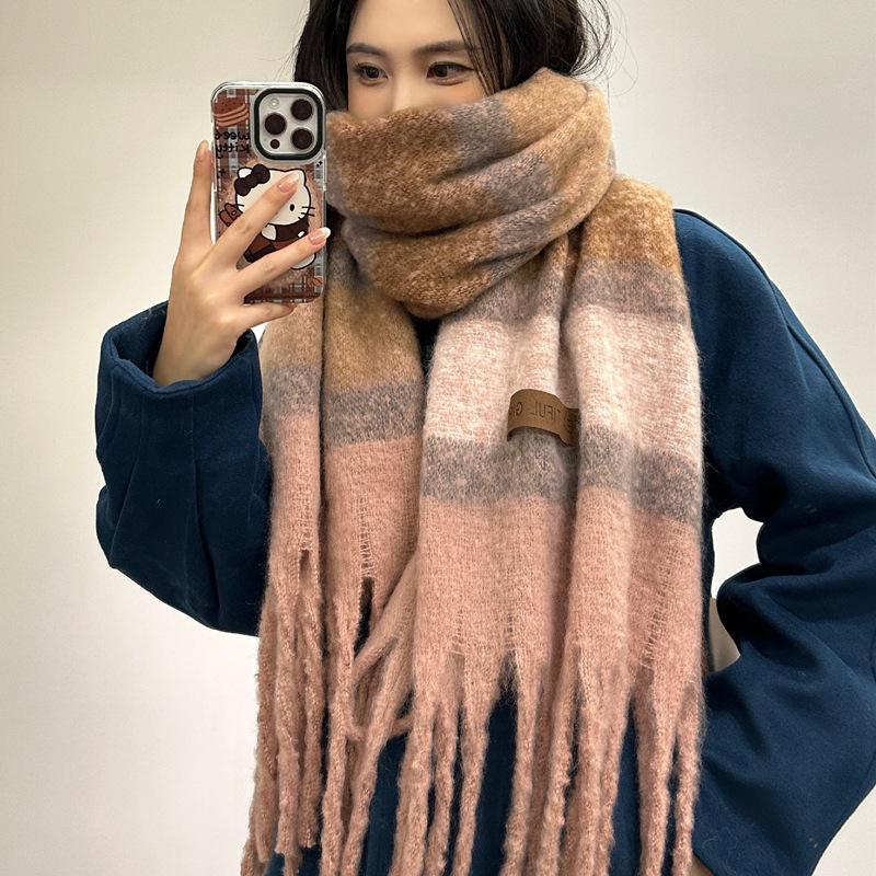 Scarf Women's Winter Solid Color Mohair Korean Style Versatile Student High End Thickened Warm Scarf New Style