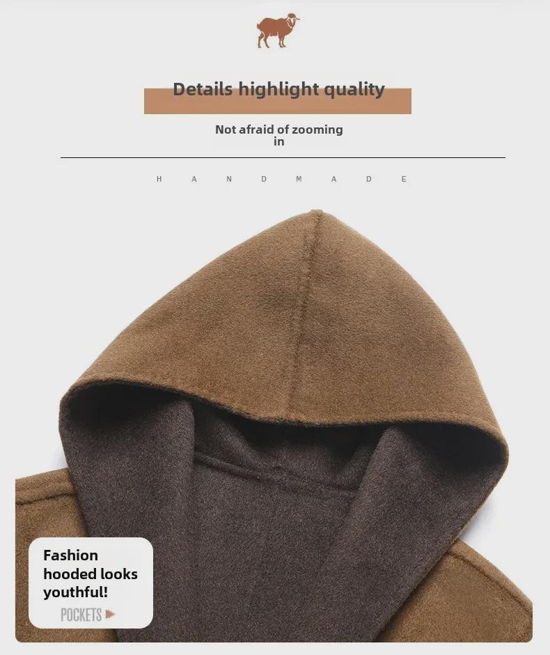 Мужское шерстяное пальто средней длины с капюшоном и большими карманами, осень/зима 2023 года, двухстороннее, ручной работы.