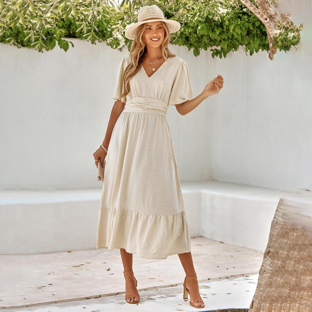 Женское весеннее однотонное платье с V-образным вырезом и короткими рукавами в виде листьев лотоса, летнее повседневное длинное платье А-силуэта с высокой талией, размер S-XL