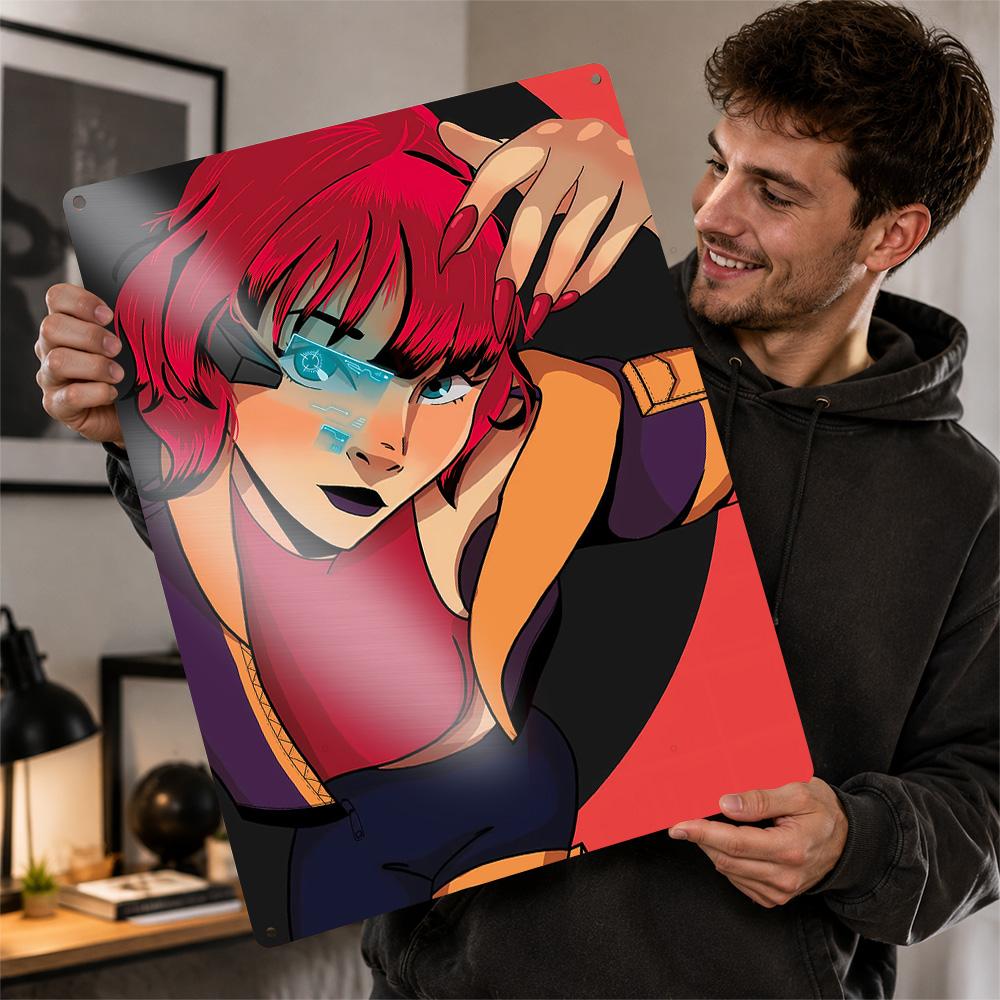 Cyberpunk Girl With Red Hair D Texture Metal Poster Customized Wall Art Tin Sign Gift for Mancave Funny Signs Wand Deko Decor