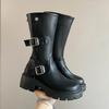 Обувь Сапоги на молнии Женские Новые Круглый носок Женские До середины икры Зимние Черные Рок Лолита Резина Ретро Флок Вестерн Пу