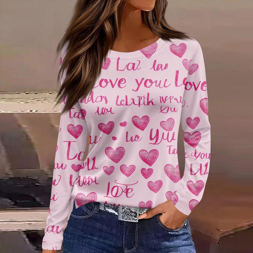 Women's Fashion Valentine's Day Printed Round Neck Casual Long Sleeve Top
