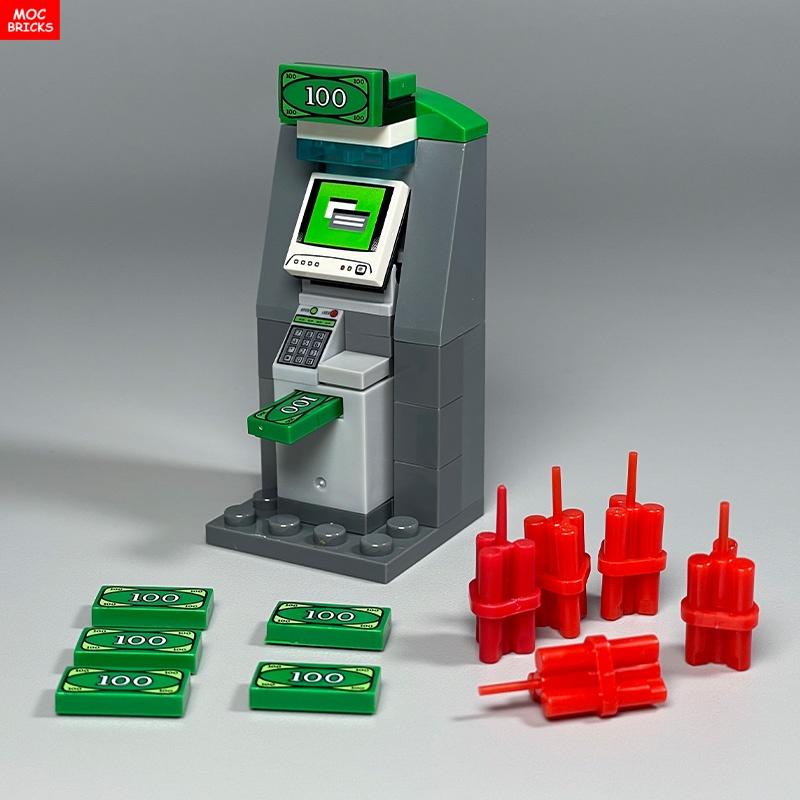 MOC Bricks ATM Dynamite Dollor Coin Bag Money Delivery Treasure Building Blocks Educational Assembled Parts Toys For Kids Gift