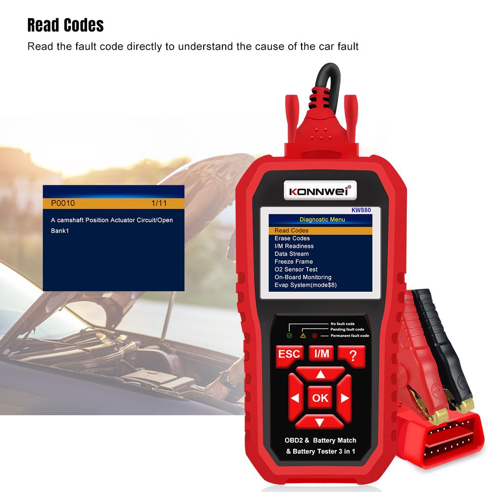 KONNWEI KW880 12 В автомобильный тестер-анализатор аккумулятора, автоматический диагностический инструмент, 3 в 1 автомобильный сканер OBD2, считыватель кодов