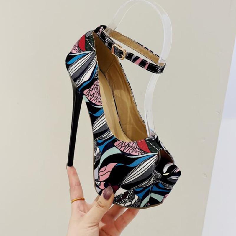 Мода Мода Печать Открытый носок Тонкий Высокий каблук Женские толстые подошвы Платформа Сандалии Pole Dance Туфли с пряжкой на щиколотке Обувь Zapatillas Mujer