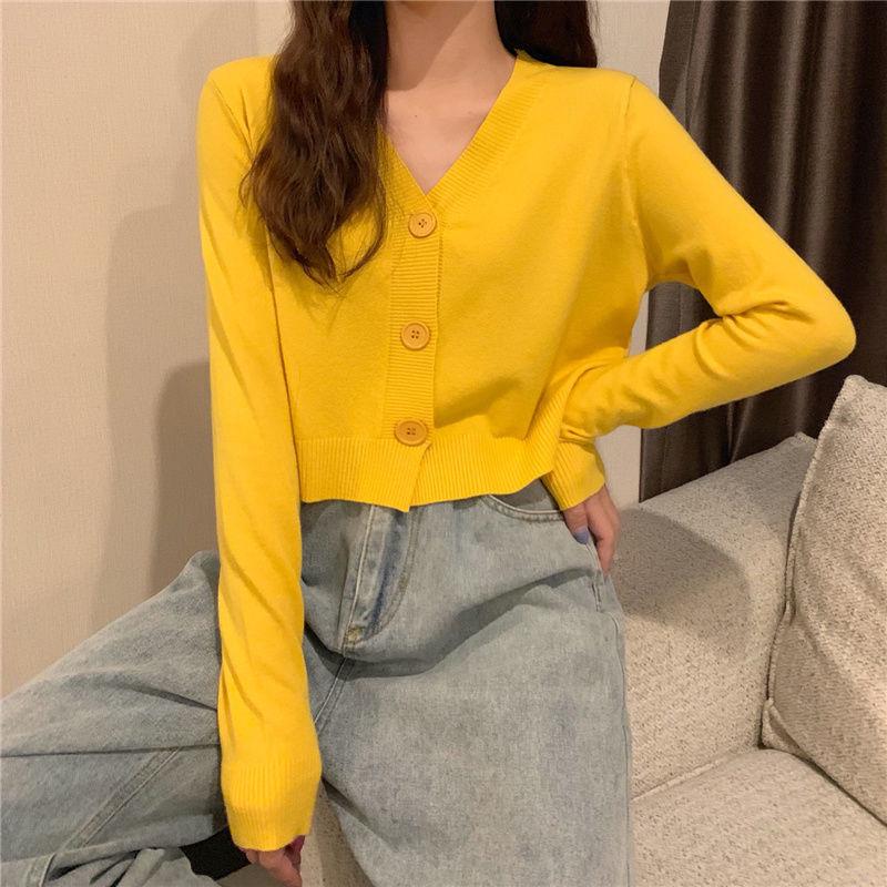 Весенне-осенний вязаный кардиган с длинными рукавами, свитер с v-образным вырезом, однотонное короткое повседневное пальто SL