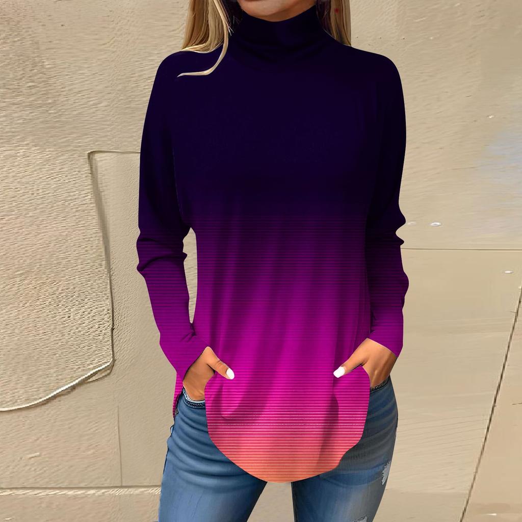 Футболки для женщин, осенние повседневные рубашки с длинными рукавами, толстовка с винтажным принтом, топ с высоким воротом, пуловер
