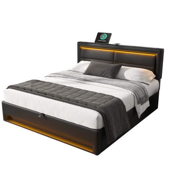 Upholstered Bed 140 x 190cm, with USB Port (Supports Wireless And Wired Charging), with LED Lighting And Storage Space, without Mattress, Faux Leather
