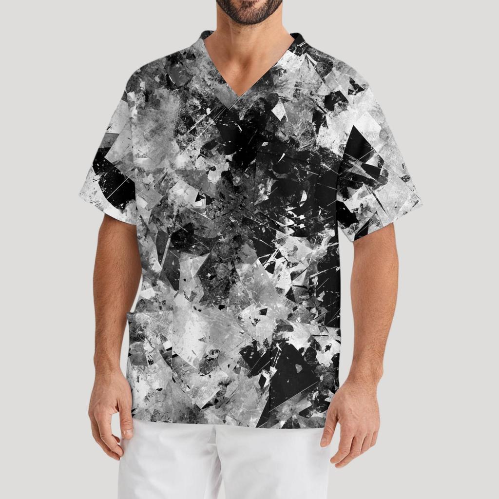 Мужская рабочая блузка с короткими рукавами и v-образным вырезом с принтом, топ с нагрудным карманом