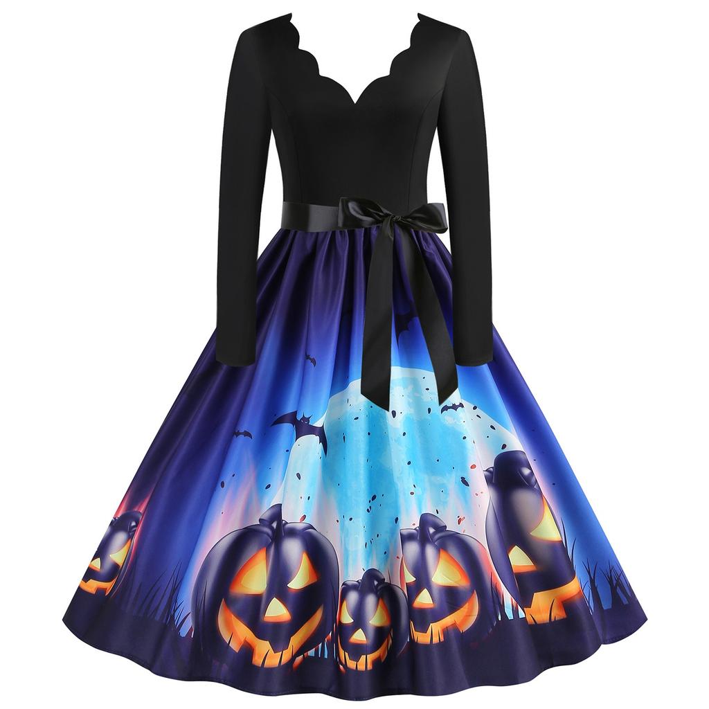 Women's Dresses Halloween Printed V-Neck Zip-Up Long Sleeve Dress Casual Vintage Cocktail Dress Party A-line Dress