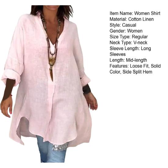 Женская рубашка с V-образным вырезом, длинным рукавом, боковыми разрезами, пуловер, топы, однотонная свободная летняя рубашка, повседневная одежда